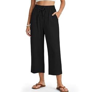 Women's Casual Capris Pants High Waist Pants Drawstring Loose Fit Summer Trousers with Pockets for Beach Vacation Black, XL