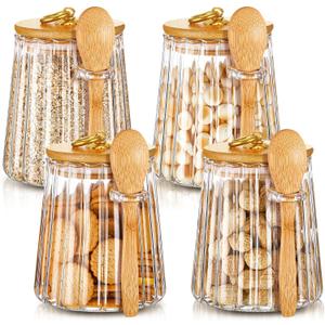 Pinkunn Set of 4 Glass Stripe Sugar Container with Bamboo Spoons 20 Fl oz Coffee Bar Accessories with Lids Coffee Sugar Container Set for Kitchen Food Storage Beans Powder(Taper)