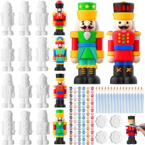 Cinnvoice 16 Pcs Ceramic Christmas Nutcracker Bulk DIY Painting Kit Ceramics to Paint Your Own Nutcracker Statues with Brush Palette Paint for Xmas Favors Holiday