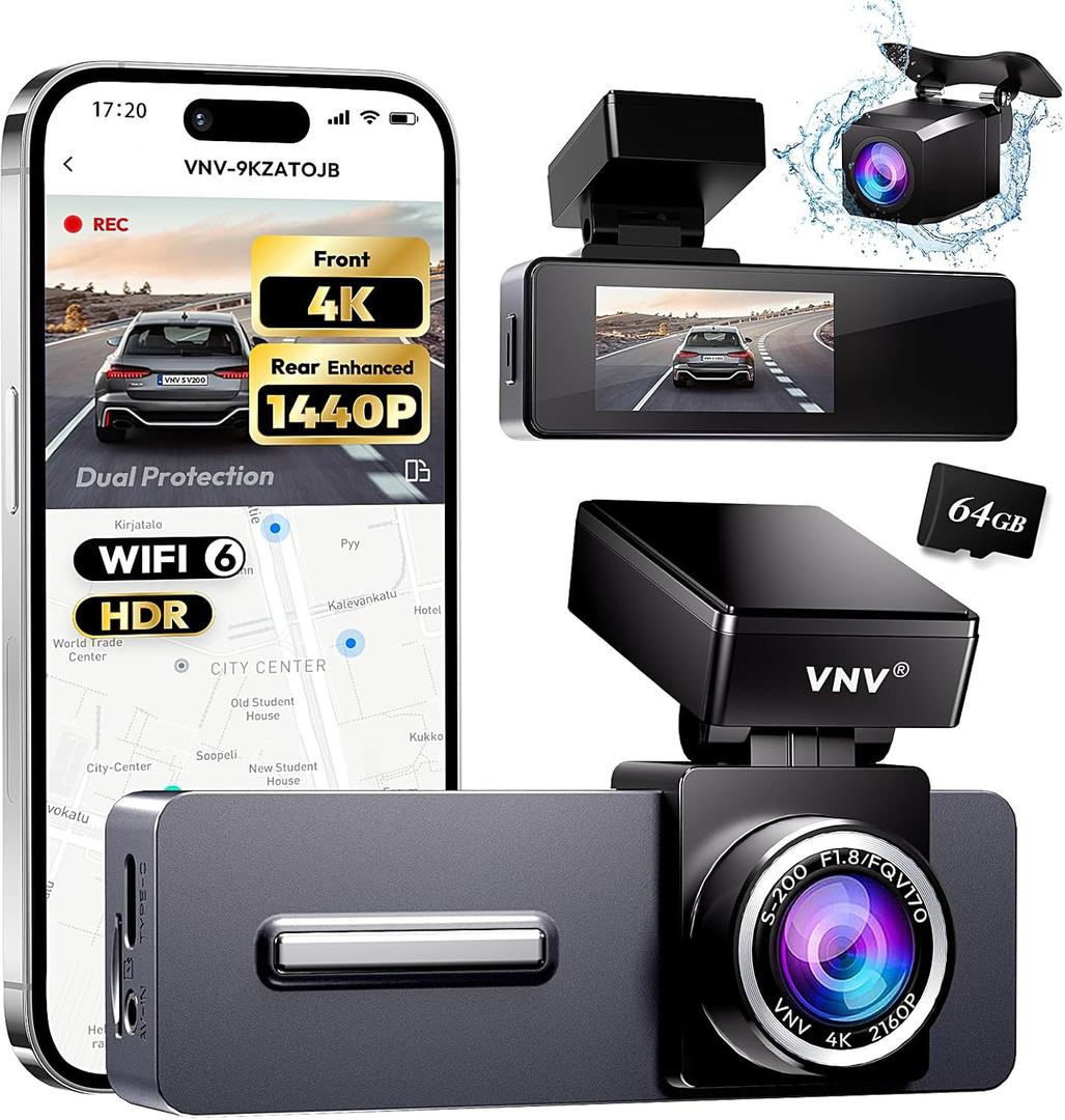 VNV 4K+2.5K Dash Cam Front and Rear, Dual Dash Camera for Cars, Include 64GB Card, WiFi 6-2025 Latest Tech, 24/ 7 Recording Car Camera, Night Vision, G-Sensor, 2" IPS Dashcam, Loop Recording, 24H Parking Mode