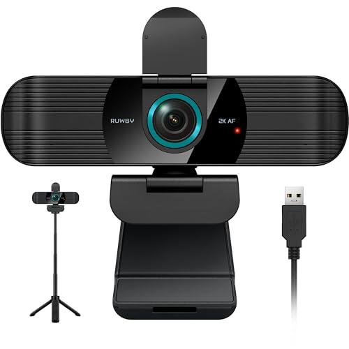 RUWBY QHD 2K Webcam with Built-in Dual Mics, Wide-Angle Lens, Privacy Cover, Tripod Stand, Autofocus Computer Camera, Plug and Play for Desktop PC or Laptop