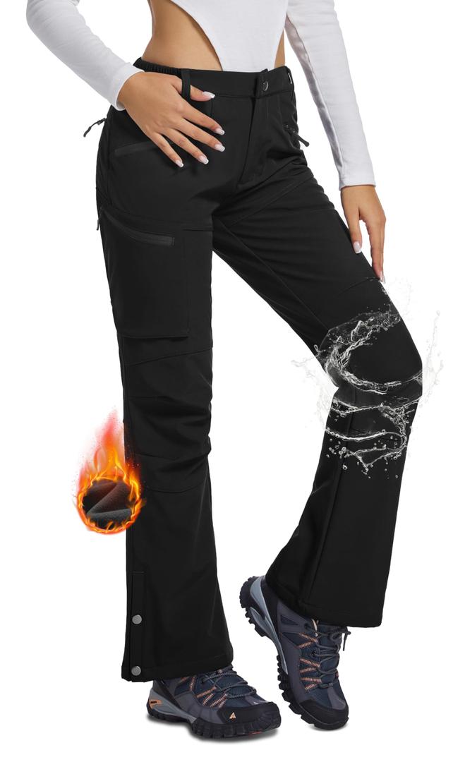 Women's Snow Ski Hiking Pants Waterproof Fleece Lined Softshell Insulated Winter Snowboarding Outdoor Flare Pants 2XL