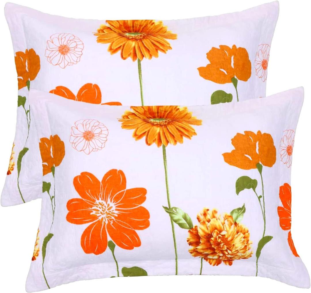 EVENHUG Quilted Pillow Shams Set of 2 Orange Sunflower Pillow Covers Floral Pillowcases Matching Bedding Decoration (20" X 36")