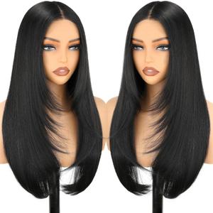 NOSTALGIA Black Wear and Go Glueless Wigs Straight Lace Front Wig Pre Cut Glueless Synthetic Layered Wig 24 Inch Middle Part Closure Wig For Women