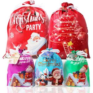 Christmas Gift Bags Drawstring 30PCS Christmas Gift Bags Assorted Sizes 5 Designs 4 Size Xmas Bag Bulk, Xmas Wrapping Bag with Tags, Plastic Gift Bag for Christmas Presents Small Medium Large