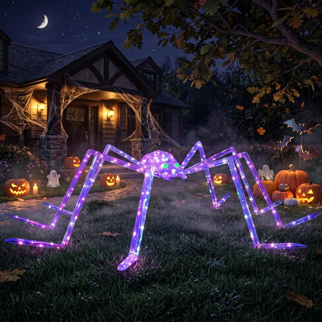 7FT Giant Halloween Spider Decorations Outdoor – Prismatic Iridescent Light-Up Spider with 170 LED Lights & Green Glowing Eyes, Easy Assembly, for Yard, Lawn, Porch, Garden, Haunted House, Party