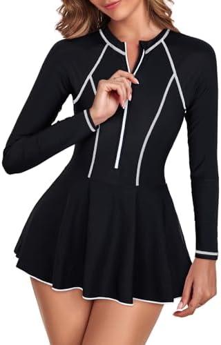 Century Star Long Sleeve Swimsuits Swim Dress Women Teen Girls Rash Guard Modest One Piece Swimwear with Skirt Bathing Suit, Small