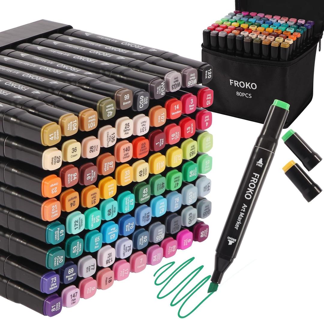 Froko Alcohol Markers, 80 Colors Dual Tip Art Marker, Coloring Marker, Markers For Adult Coloring Books No Bleeding