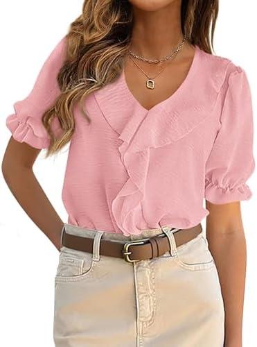 PRETTYGARDEN Women's Summer Dressy Casual Blouses 2026 Short Sleeve V Neck Ruffle Business Work Tops Trendy Spring Outfits, Size: S