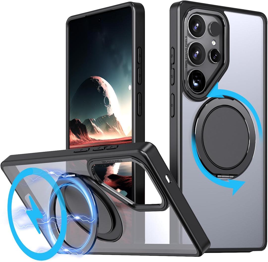 360 Rotatable Magnetic Stand for Samsung Galaxy S25 Ultra Case with Ring Kickstand, Compatible with Magsafe,Military Grade Shockproof Translucent Protective Case - 6.9 inch,Black
