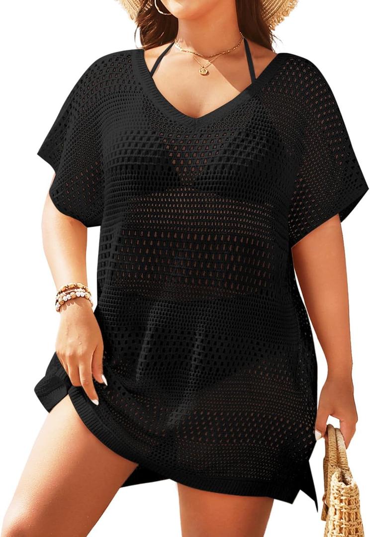 Yonique Plus Size Swimsuit Cover Up - Crochet Swim Cover Up 2025 Bathing Suit Short Sleeve Beach Dress (Black), Size 20W
