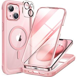 Miracase Glass Series for iPhone 15 Case [Compatible with MagSafe] Full-Body Magnetic Case with Built-in 9H Tempered Glass Anti-Fingerprint Screen Protector + Camera Lens Protector, Pink and Clear