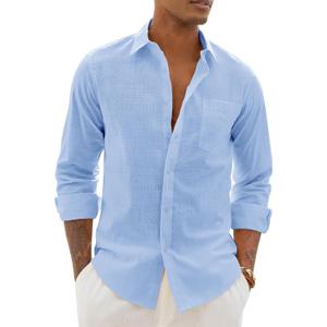 Alimens & Gentle Mens Cotton Linen Textured Shirt Long Sleeve Button Down Shirts Casual Summer Beach Wedding Tops with Pocket (Blue), L