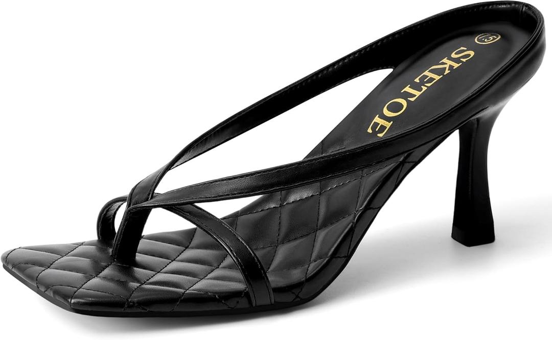 Kitten Heels for Women Square Open Toe Sandals Dressy Wedding Party Shoes Flip Flops T Strap Slip On 3inch High Heels Black, 9.5
