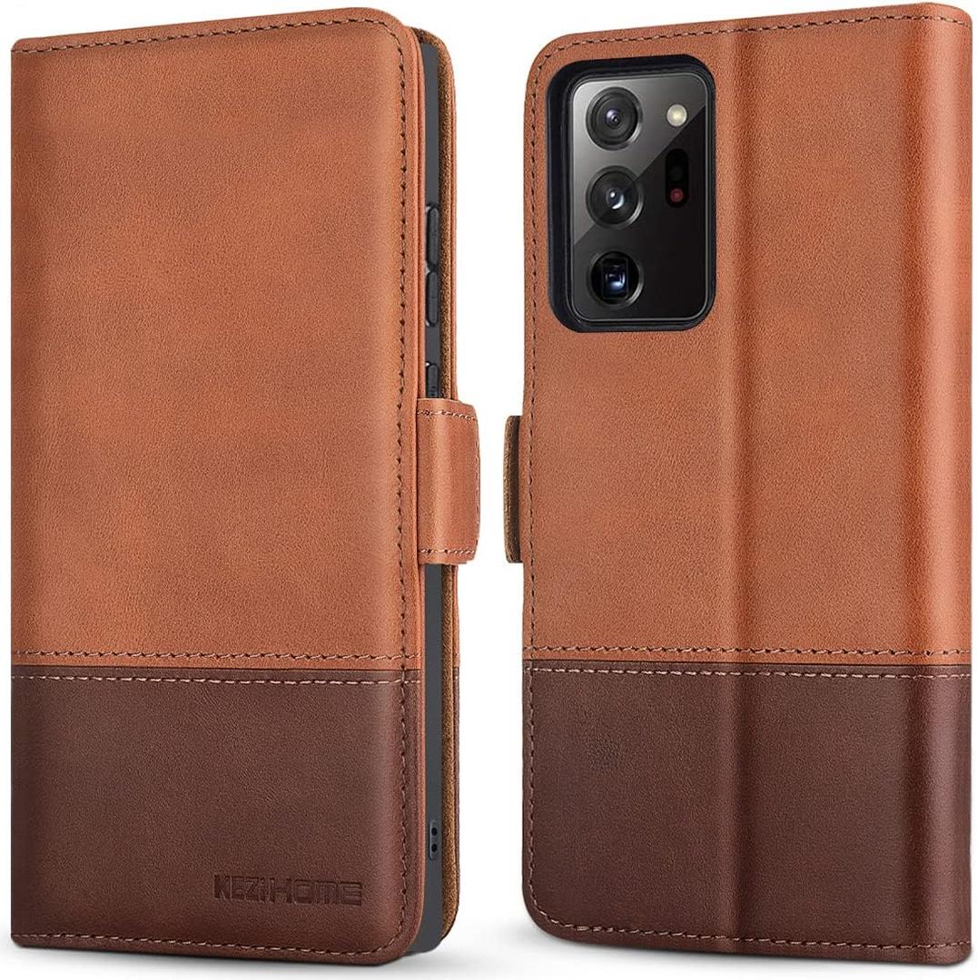 KEZiHOME Note 20 Ultra Case, Genuine Leather [RFID Blocking] Galaxy Note 20 Ultra 5G Wallet Case Credit Card Slot Flip Magnetic Stand for Samsung Galaxy Note 20 Ultra 2020 (Khaki/Brown)