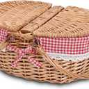 Wicker Picnic Basket with Removable Liner Empty Picnic Baskets with Lid for 2, Picnic Hamper with Foldable Handles for Picnic 2,Checkered