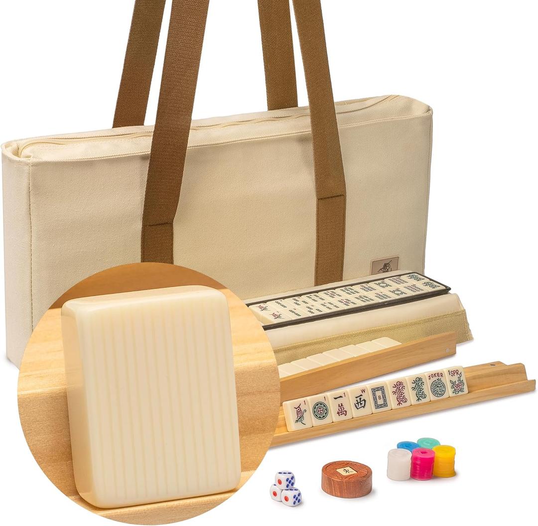 Yellow Mountain Imports American Mahjong Set, "Ivory Stripes - 166 Tiles with Beige Soft Case, Wooden Racks with Pushers, Scoring Coins, Dice, & Wind Indicator