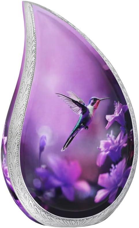 Urn for Ashes for Women & Male, Cremation Urns for Human Ashes Adult Female and Man, Funeral Urn, Large Tear Drop Model Decorative, Burial, Purple Flower with Hummingbird - Full Size Teardrop (Large / Adult, Purple)