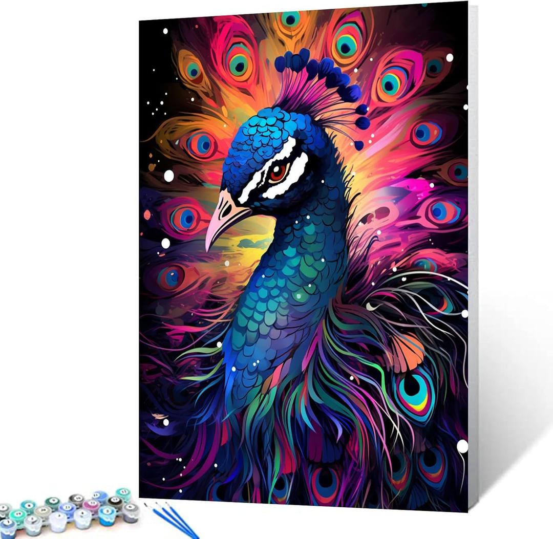 Tucocoo Beautiful Peafowl Paint by Number for Adults, Easy DIY Oil Painting Kits on Canvas with Brushes and Acrylic Pigment, Graffiti Animal Black Colorful Picture for Home Decor 16x20inch (Frameless) (Artwork-25)