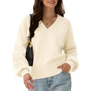 ZAFUL Womens 2025 Cropped Sweaters Fall Chunky Long Sleeve V Neck Clothes Cozy Casual Outfits Winter Trendy (White)