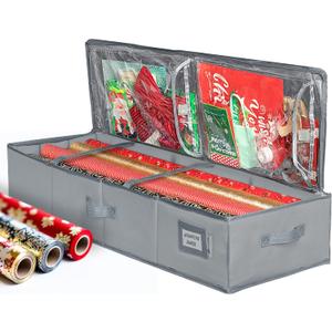 Premium Wrapping Paper Storage Container -Durable Material 600D tear-proof - Fits up to 27 Paper Rolls -Extra Pockets for Ribbons & Bows. Underbed Gift Wrap Organizer, Ideal for Holiday Christmas, etc (Gray)