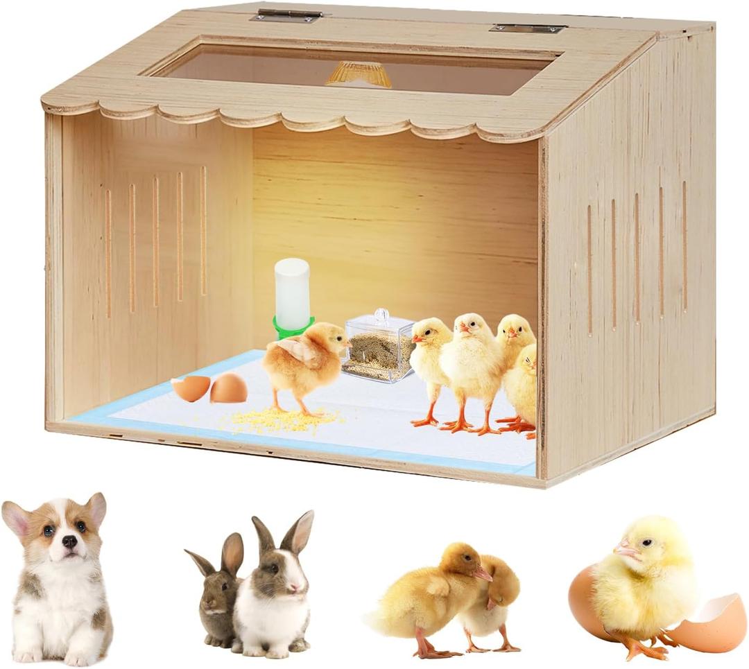 Wooden Chicken Brooder Box Kit with Heating Lamp, Thermometer, Food & Water Feeders, 15.7x11.8x11.8 Inch, Complete Small Pet Nursery Set with Ventilation, Digital Temperature Control