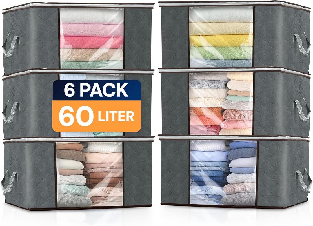 Reli. 60L Clothes Storage Bags (6 Pack) Foldable Closet Organizers & Closet Storage Containers | Foldable Bins with Lids, Handles | Large Clothing Bags for Towels, Toys, Blankets | Grey