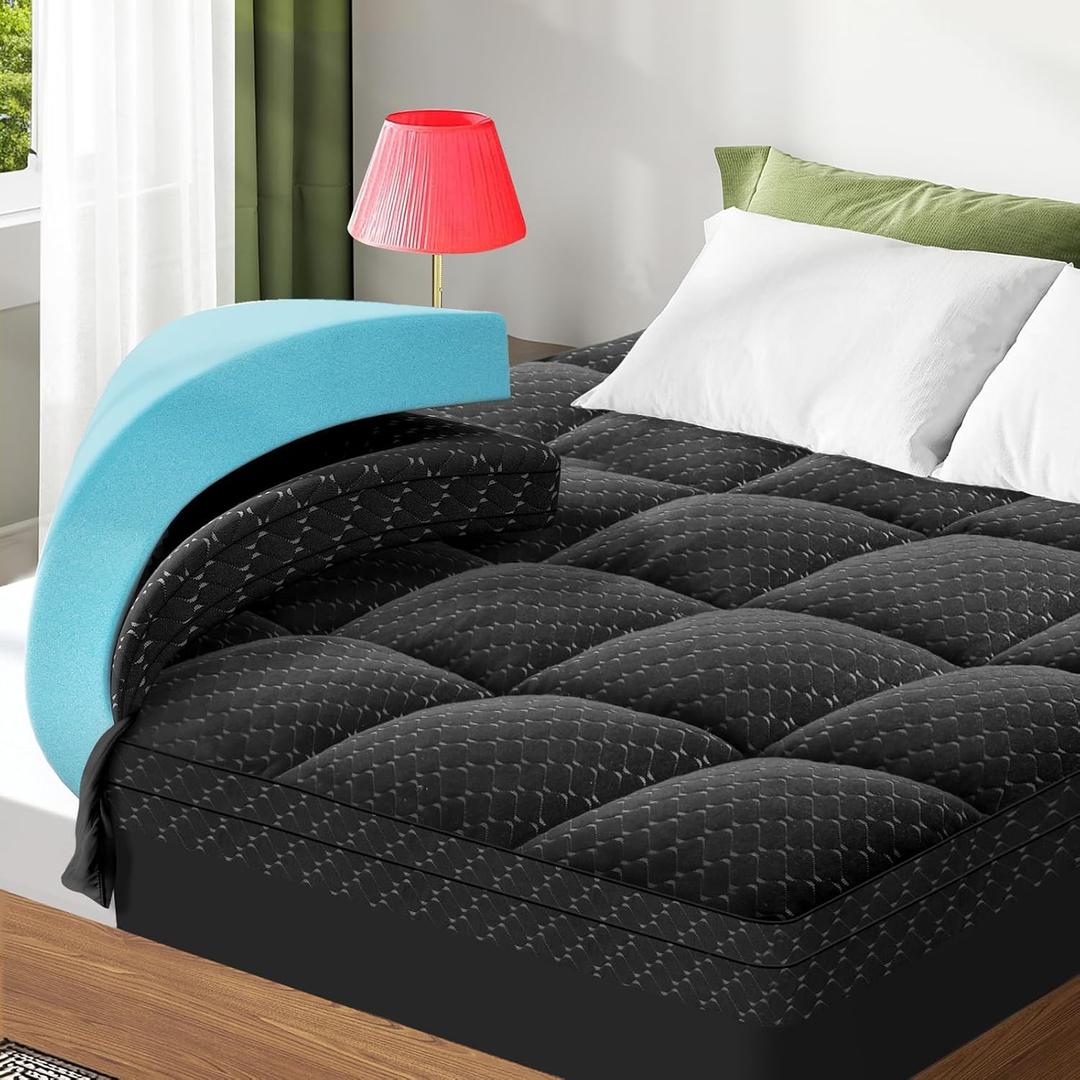 Dual Layer 3 Inch Memory Foam Mattress Topper Queen Size, 2 Inch Cooling Gel Memory Foam Plus 1 Inch Pillow Top Mattress Pad Cover, with 8-21 Inch Deep Pocket, Black