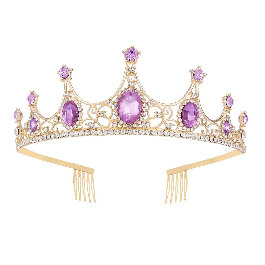 Princess Peach Costume Tiara for Women Girls, Vofler Purple Crown Wedding Bridal Hair Accessories Crystal Queen Tiara Headpiece Rhinestone Headband for Birthday Prom Quinceaneara Pageant Party
