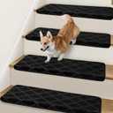 Bullnose Stair Treads Non Slip 9.5" x 32", 2 Pcs Carpet Stair Treads for Wooden Steps Indoor with Edge Protection, Reusable Peel and Stick TPU Backing Stair Runner Rugs - Diamond Pattern Black