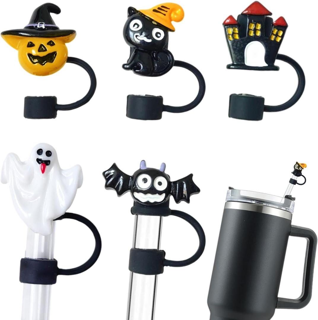 5PCS Halloween Straw Toppers 10mm, Silicone Straw Tips Covers Caps for Tumblers Stanley Straws - Stanley Cup Accessories Tumbler Accessories (Hallows Black)