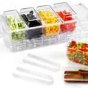 Ice Chilled Condiment Caddy Organizer with Detachable Ice Box & Side Bins, 5 Removable 2.5 Cup Containers with Lids, Clear Garnish Tray Server for Taco Bar, Mimosa, Fruit, Salad, Buffet (BPA-Free)