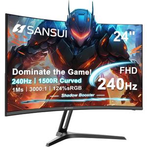 SANSUI 24 Inch Curved 240Hz Gaming Monitor FHD 1080P, 1500R Curve Computer Monitor, 124%sRGB, 3000:1 Contrast Ratio, HDR, FreeSync, MPRT 1Ms, Low Blue Light, HDMI DP ports.(ES-G24C1 PRO DP Cable Incl)