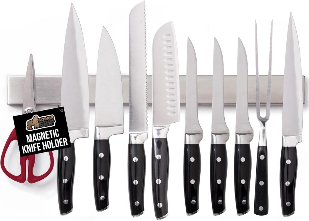 GORILLA GRIP 304 Stainless Steel Magnetic Knife Holder for Wall, 18 in, Magnet Bar for Knives, Tools, Heavy Duty Metal Strip Holds Up to 6 lbs, Kitchen Home Organizer, Non-Adhesive, Drilling Required (Silver)