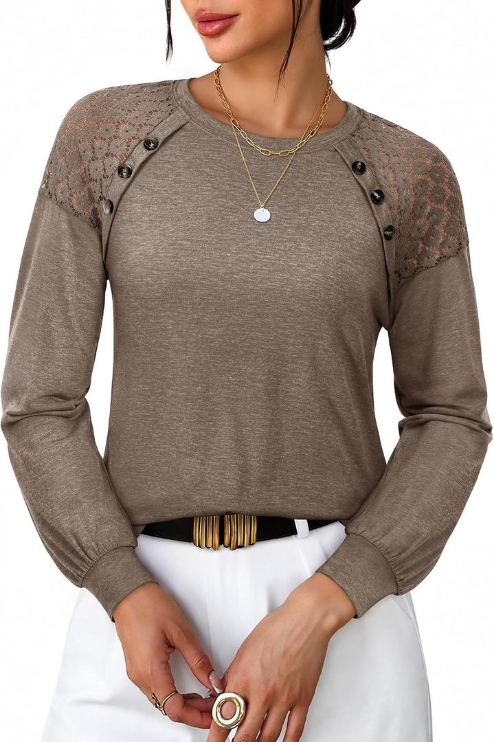siliteelon Lace Long Sleeve Tops Dress Shirt Womens Crew Neck Loose Dressy Blouse Business Casual Work Summer 2026 Coffee (Brown, L)