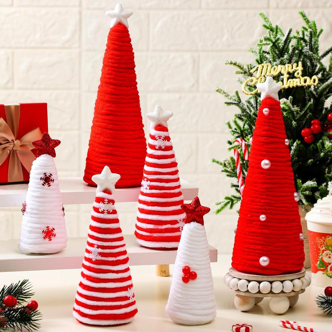6 Pcs Christmas Table Decorations Mini Christmas Trees Yarn Trees Red and White Farmhouse Decor Tabletop Xmas Ornaments for Home Table Indoor Kitchen Room Holiday Tiered Tray, Red