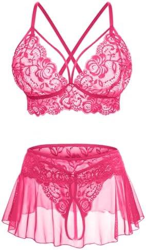 CRIPOM Sexy Lingerie for Women Naughty 3 Piece Lace Bralette, Mini Skirt with G-String Crotchless Lingerie Outfits S