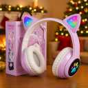 KERHAND Bluetooth Noise Cancelling Headphones for Kids,Foldable Cat Headphone with LED Light Up Ear,Cat Ear Headphones for Toddler with Microphone/TF Card,Kids Bluetooth Headphones for ipad (Purple)