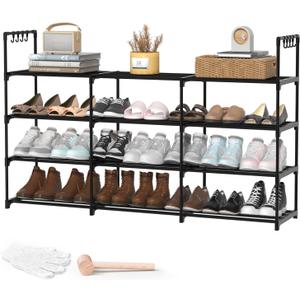 3 Row 4 Tier Long Shoe Rack, Black Metal Stackable Shoe Shelf with Multifunctional Hooks, Shoe Storage Hold 24-30 Pairs, Space Saving Shoe Organizer for Closet,Wide Shoe Rack