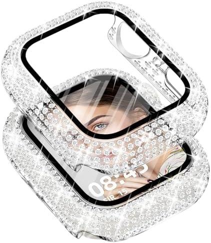 Newlibery Bling Watch Case with HD Screen Protector Women Compatible with Apple Watch 44mm Full Diamond Protective Face Cover PC Frame Protector for iWatch Series 4/5/6/SE Clear, Set of 2