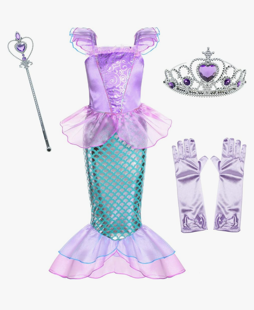 Little Girls Mermaid Princess Costume for Girls Dress Up Party with Gloves,Crown Mace 3-10 Years. Size S