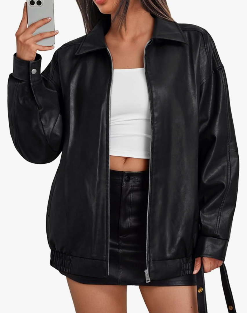 Trendy Queen Womens Leather Jacket, Oversized Going Out & Everyday Statement Piece, Bomber Jacktes Moto Coat, Size M