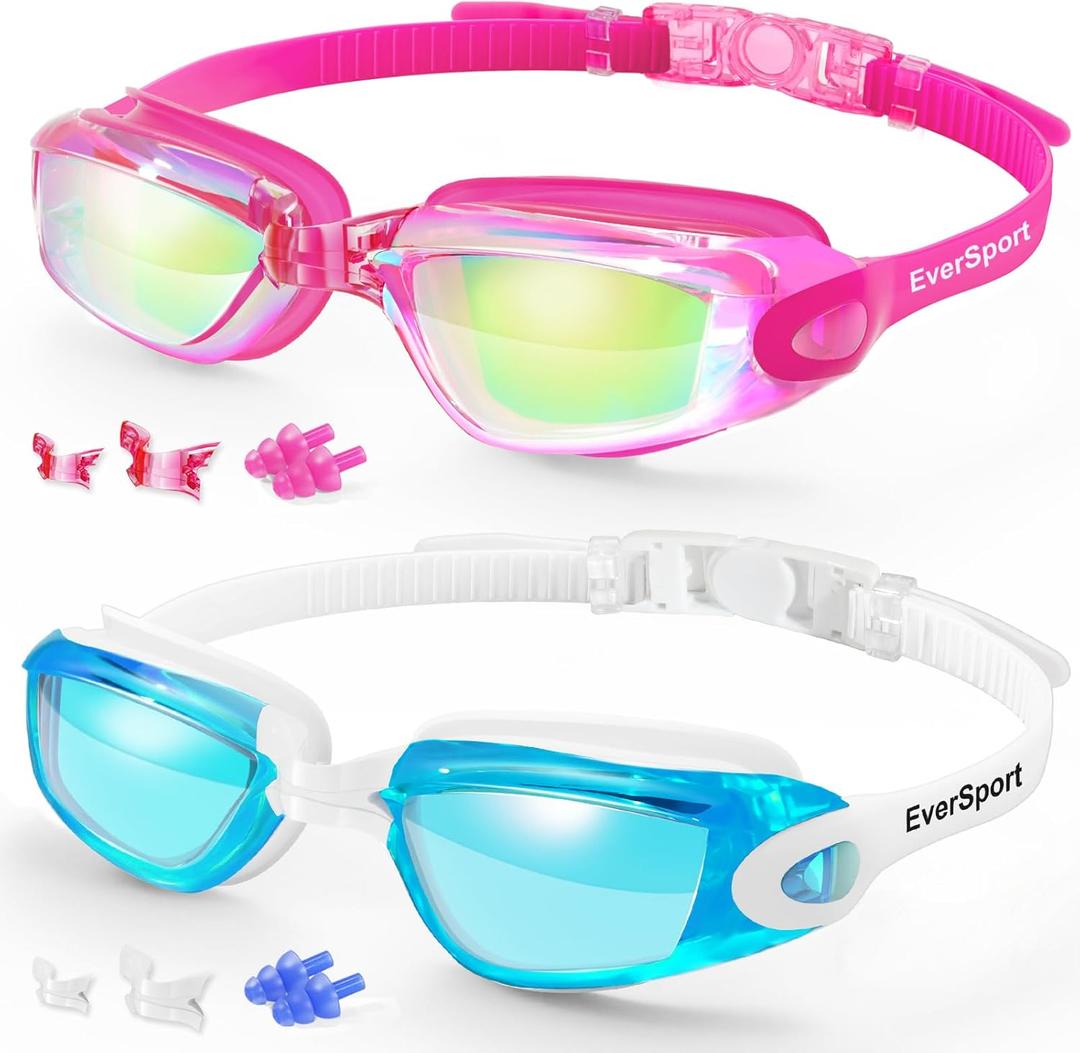 EverSport Swim Goggles Pack of 2 Swimming Goggles Anti Fog for Adult Men Women Youth Kids (Colorful Mirrored Rose Red & Lightblue)
