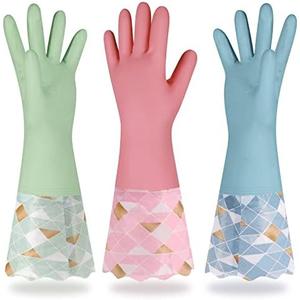Yiomxhi Household Cleaning Gloves 3 Pairs Reusable Dishwashing Gloves Latex Free, Non-Slip Kitchen Glove with Cotton Lined, Waterproof Dish Washing Gloves
