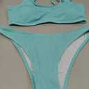 Fanuerg Women's Ribbed Bikini Sets Scoop Neck Cheeky Swimsuit Textured Two Piece Bathing Suit (Medium, Mint Blue)