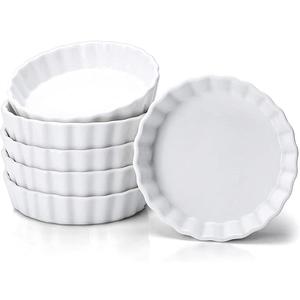 8 Oz Creme Brulee Ramekins, Porcelain Ramekins Oven Safe, Round Tart Pan Mini Fluted Quiche Dishes, Set of 6, White