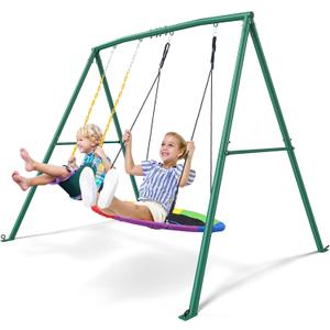 Trekassy 440lbs 2 Seat Swing Sets for Backyard, 1 Saucer Swing and 1 Belt Swing with Heavy Duty Outdoor A-Frame Metal Swing Stand for Playground, Playset