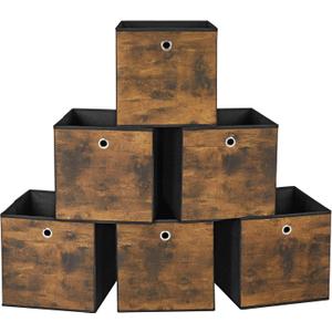 SONGMICS Storage Cubes, Set of 6 Storage Bins with Handles, Foldable Oxford Fabric and Non-Woven Fabric Storage Boxes, 11.8x11.8x11.8 Inches, Fit Cube Storage Unit, Rustic Brown and Black URFB102B01