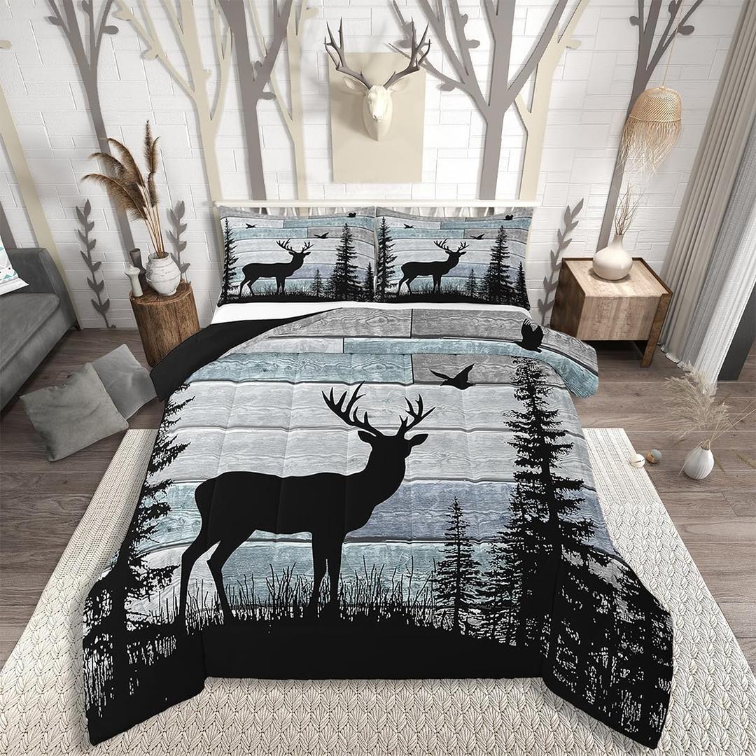 Western Bedding Set for Men Women,Rustic Deer Comforter Sets for Boys Teens Kids,Cabin Farmhouse Hunting Quilt King Size,Pine Trees Rustic Striped Down Comforter Set Wildlife Animal Print Duevt Insert