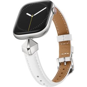 WFEAGL Leather Band Compatible with Apple Watch Bands Women 49mm 46mm 45mm 44mm 42mm(Series 3 2 1),Dressy Slim Grain Genuine Leather band for iWatch Ultra SE Series 11/10/9/8/7/6/5/4/3/2/1-White/Silver